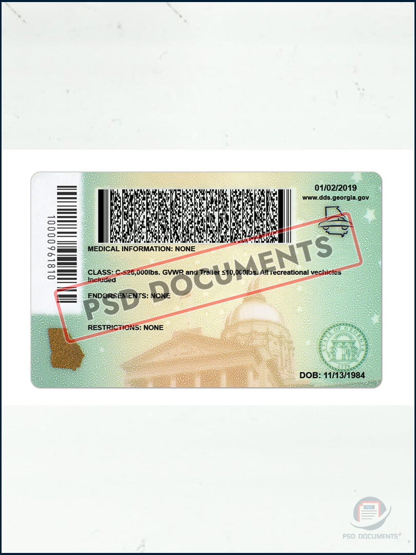 PsdDocuments Georgia Drivers License PSD Back 2