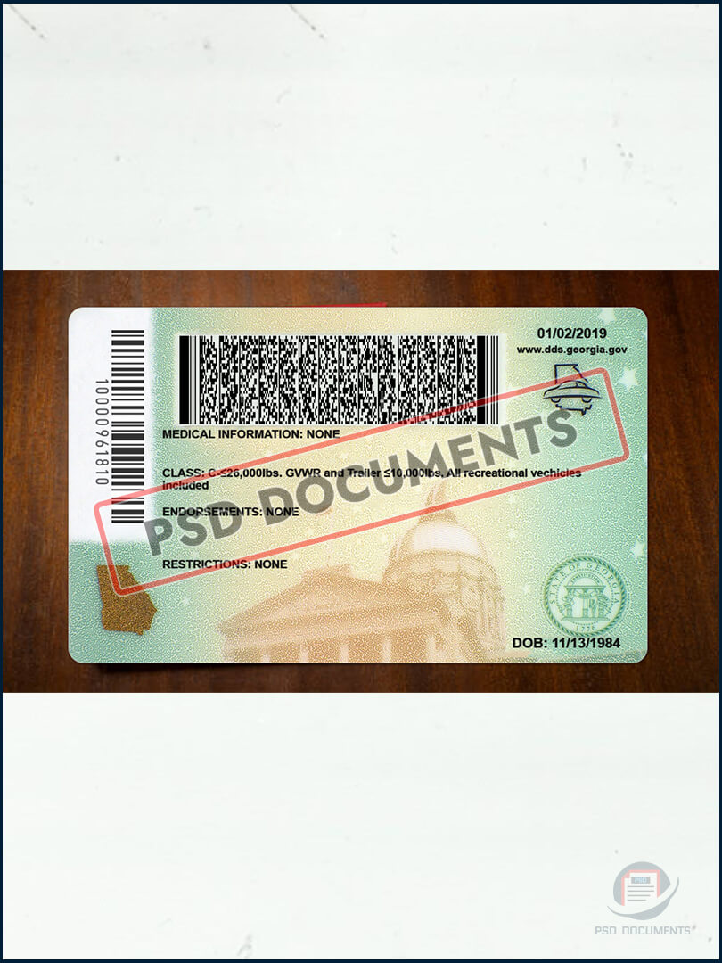 PsdDocuments Georgia Drivers License PSD Back